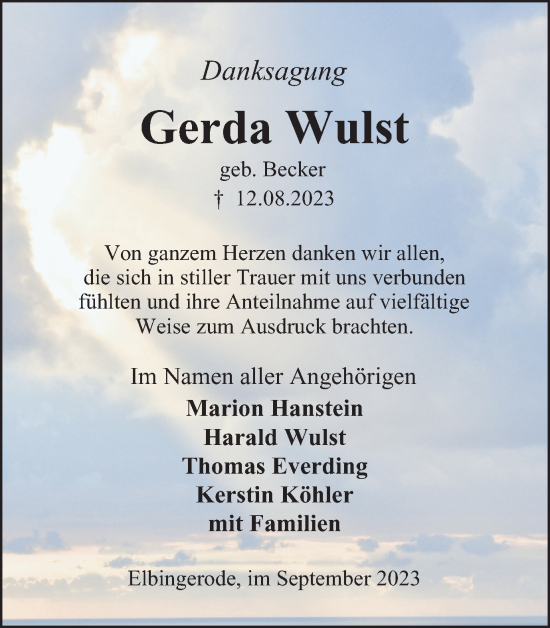 Traueranzeige von Gerda Wulst von Harz Kurier