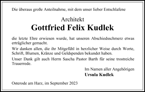 Traueranzeige von Gottfried Felix Kudlek von Harz Kurier