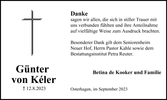 Traueranzeige von Günter von Keler von Harz Kurier
