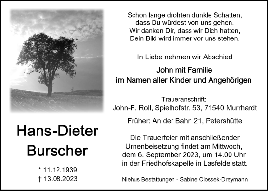 Traueranzeige von Hans-Dieter Burscher von Harz Kurier