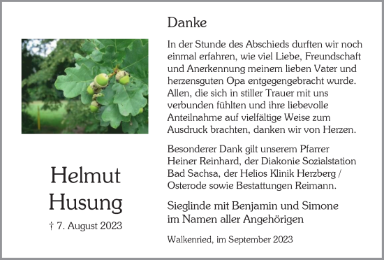 Traueranzeige von Helmut Husung von Harz Kurier