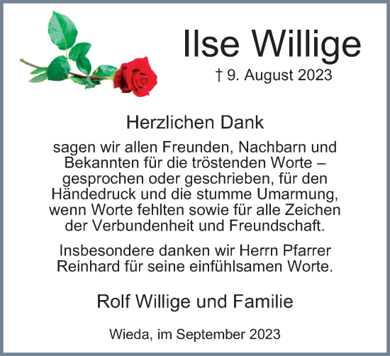 Traueranzeige von Ilse Willige von Harz Kurier