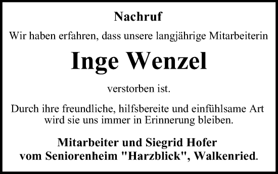 Traueranzeige von Inge Wenzel von Harz Kurier
