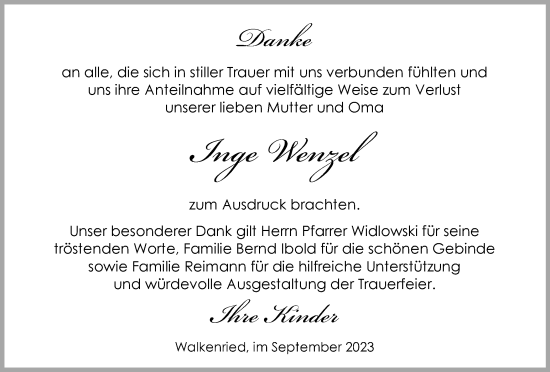 Traueranzeige von Inge Wenzel von Harz Kurier