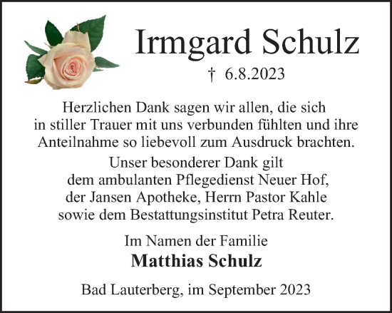Traueranzeige von Irmgard Schulz von Harz Kurier