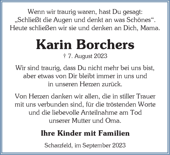Traueranzeige von Karin Borchers von Harz Kurier