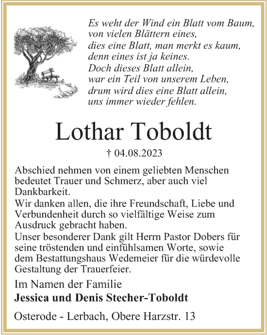 Traueranzeige von Lothar Toboldt von Harz Kurier