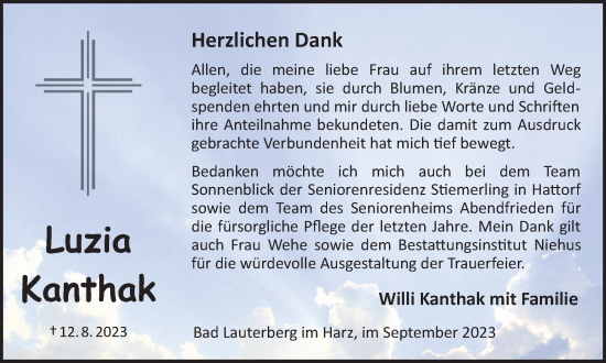 Traueranzeige von Luzia Kanthak von Harz Kurier