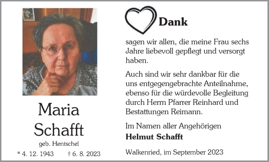 Traueranzeige von Maria Schafft von Harz Kurier