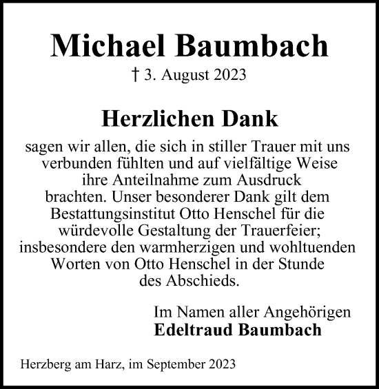 Traueranzeige von Michael Baumbach von Harz Kurier