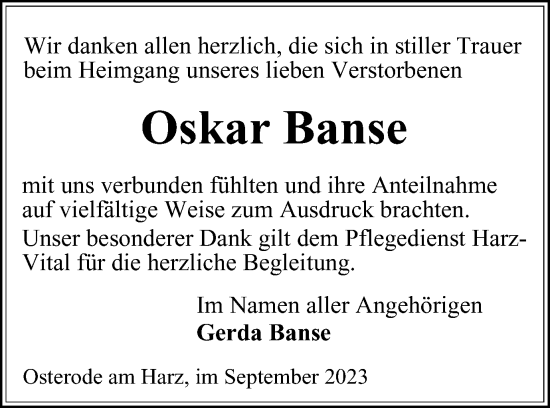 Traueranzeige von Oskar Banse von Harz Kurier