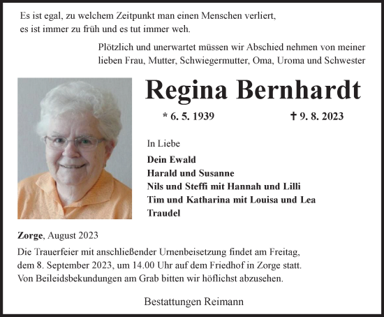 Traueranzeige von Regina Bernhardt von Harz Kurier