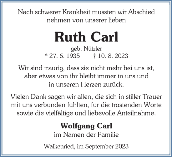 Traueranzeige von Ruth Carl von Harz Kurier