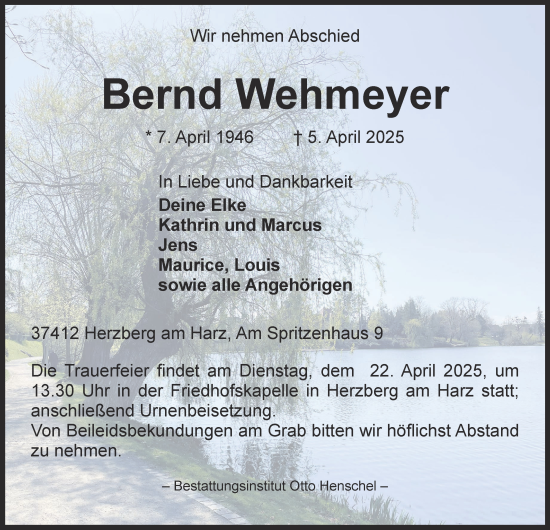 Traueranzeige von Bernd Wehmeyer von Harz Kurier