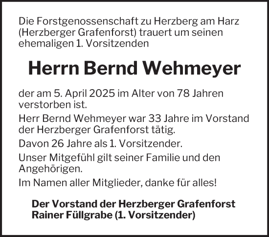 Traueranzeige von Bernd Wehmeyer von Harz Kurier