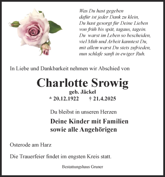 Traueranzeige von Charlotte Srowig von Harz Kurier
