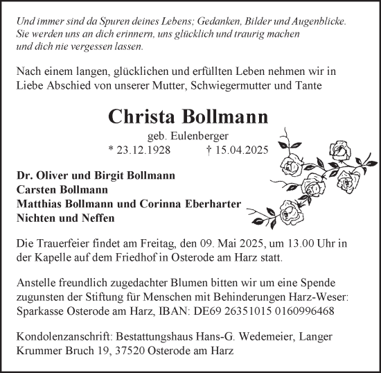 Traueranzeige von Christa Bollmann von Harz Kurier