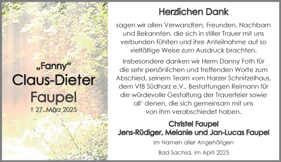 Traueranzeige von Claus-Dieter Faupel von Harz Kurier