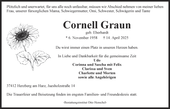 Traueranzeige von Cornell Graun von Harz Kurier