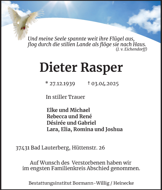 Traueranzeige von Dieter Rasper von Harz Kurier