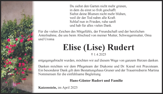 Traueranzeige von Elise Rudert von Harz Kurier