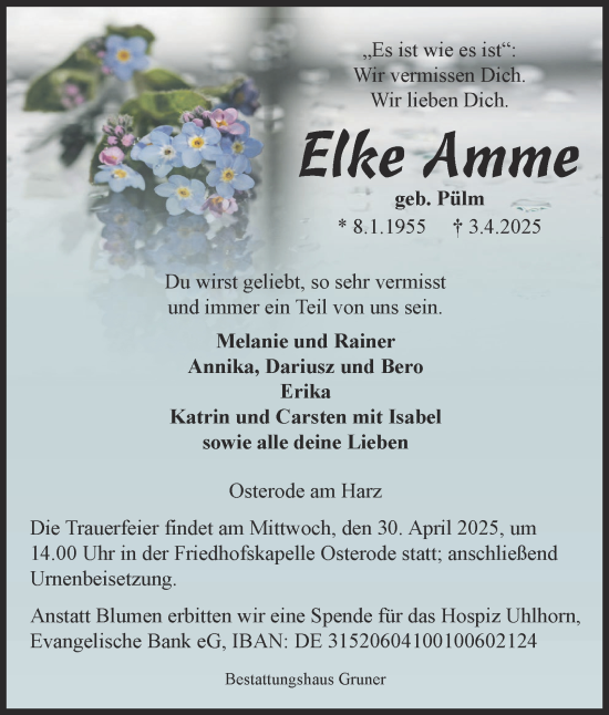 Traueranzeige von Elke Amme von Harz Kurier