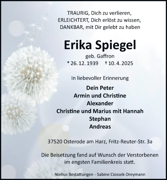 Traueranzeige von Erika Spiegel von Harz Kurier