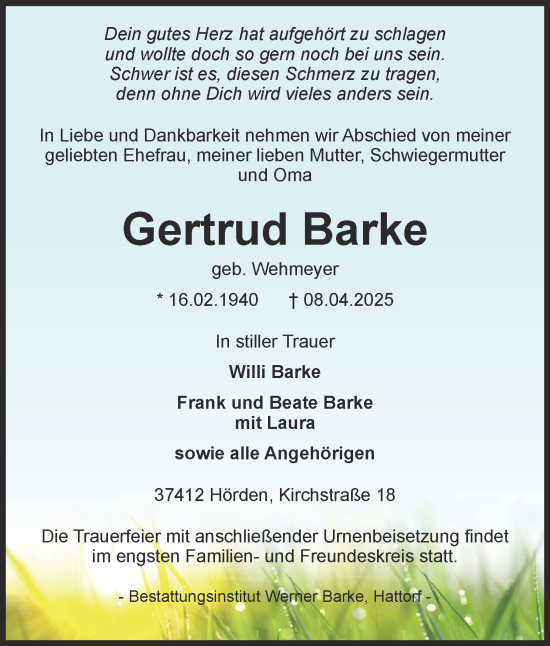 Traueranzeige von Gertrud Barke von Harz Kurier