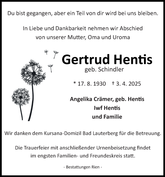 Traueranzeige von Gertrud Hentis von Harz Kurier