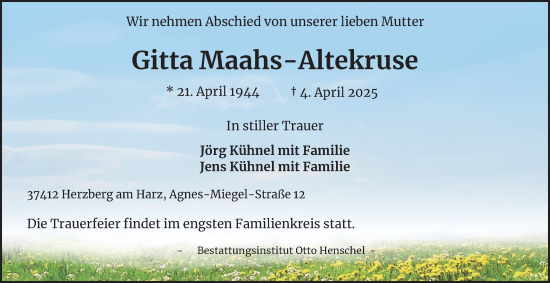 Traueranzeige von Gitta Maahs-Altekruse von Harz Kurier