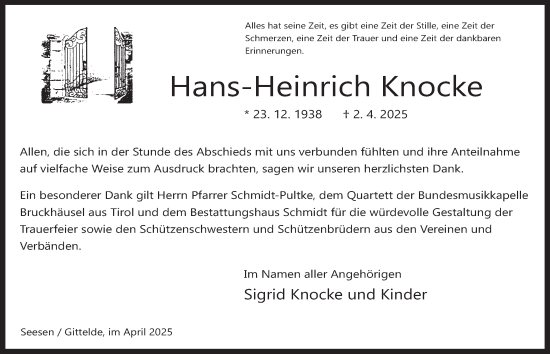 Traueranzeige von Hans-Heinrich Knocke von Harz Kurier