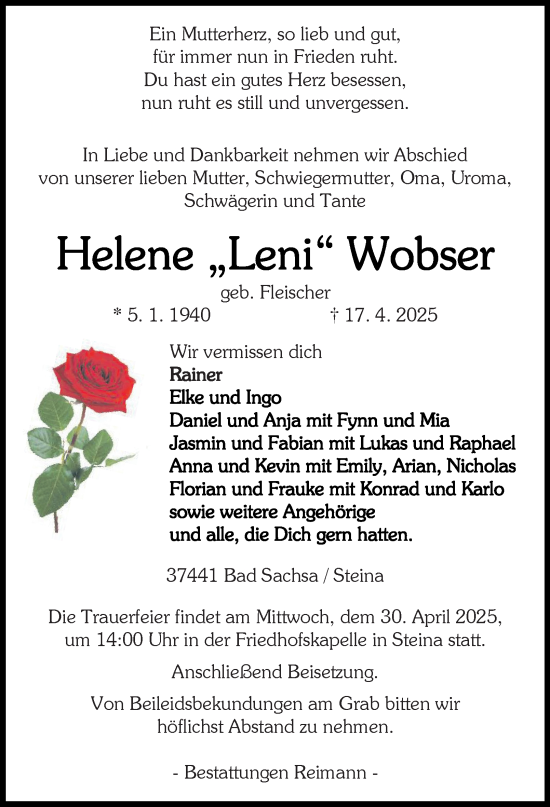 Traueranzeige von Helene Wobser von Harz Kurier