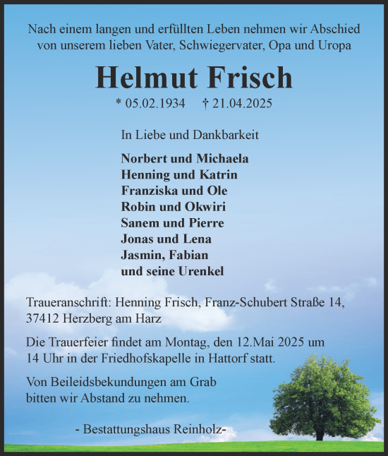 Traueranzeige von Helmut Frisch von Harz Kurier
