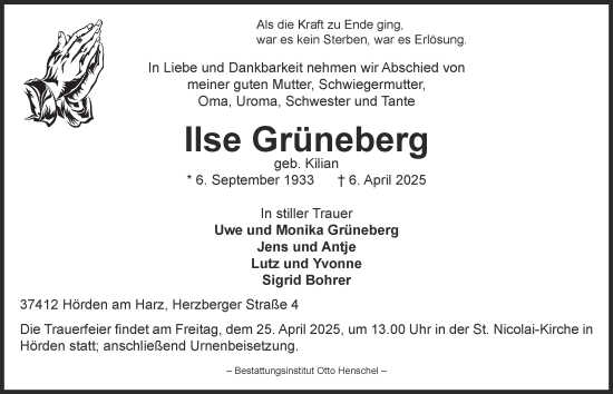 Traueranzeige von Ilse Grüneberg von Harz Kurier