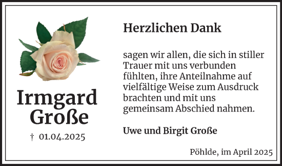 Traueranzeige von Irmgard Große von Harz Kurier