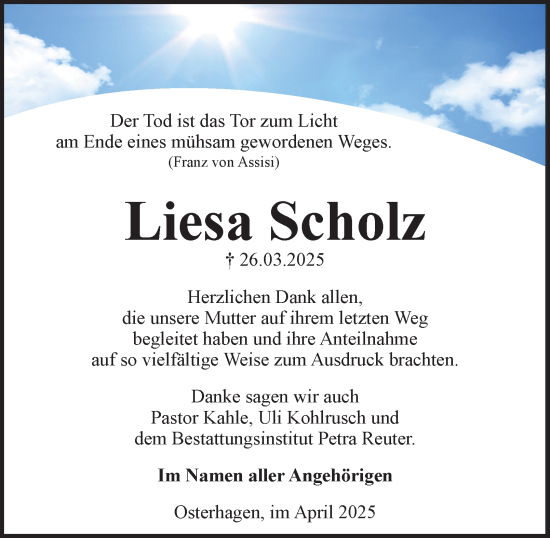 Traueranzeige von Liesa Scholz von Harz Kurier
