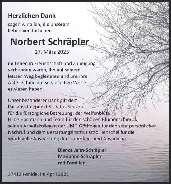 Traueranzeige von Norbert Schräpler von Harz Kurier