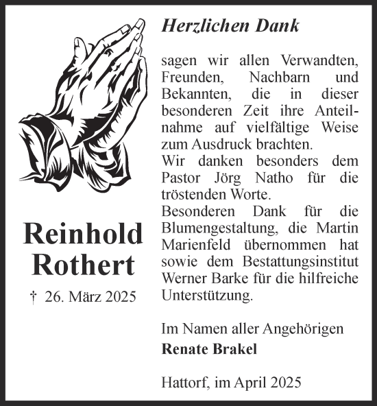Traueranzeige von Reinhold Rothert von Harz Kurier