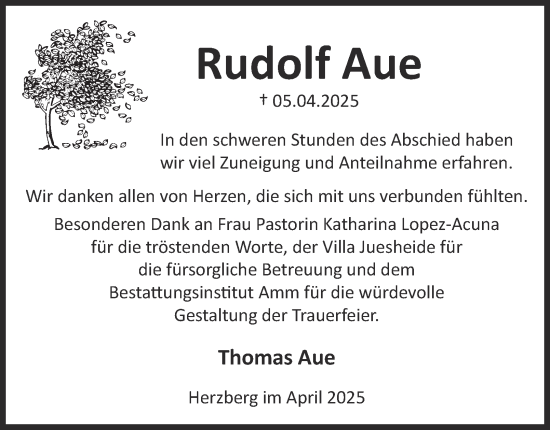 Traueranzeige von Rudolf Aue von Harz Kurier