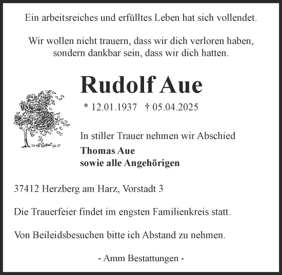 Traueranzeige von Rudolf Aue von Harz Kurier
