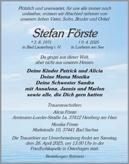 Traueranzeige von Stefan Förste von Harz Kurier