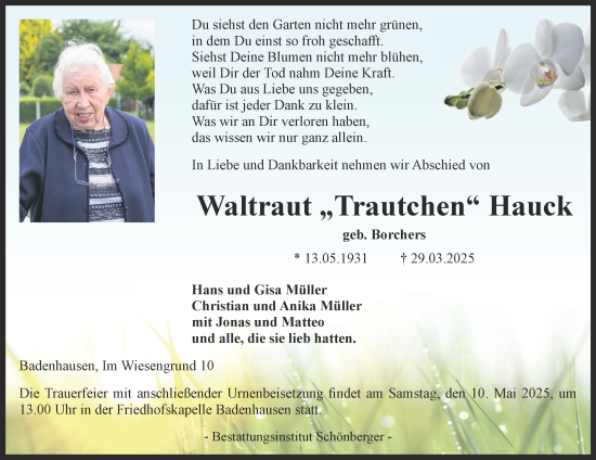 Traueranzeige von Waltraut Hauck von Harz Kurier