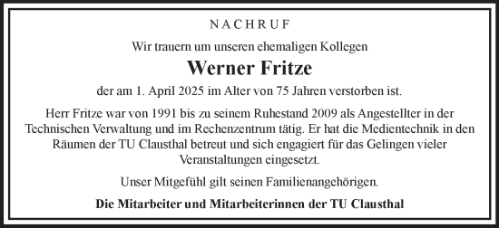 Traueranzeige von Werner Fritze von Harz Kurier