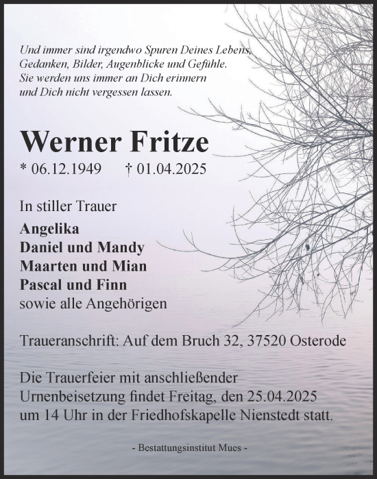 Traueranzeige von Werner Fritze von Harz Kurier
