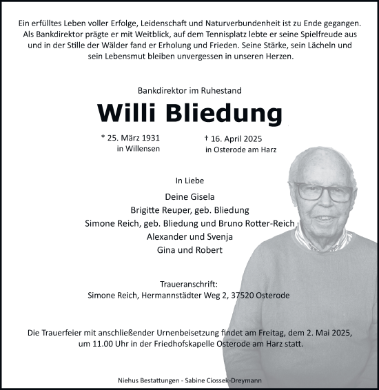 Traueranzeige von Willi Bliedung von Harz Kurier