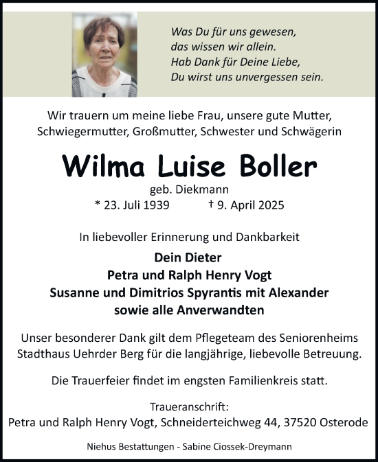 Traueranzeige von Wilma Luise Boller von Harz Kurier