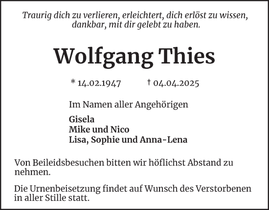 Traueranzeige von Wolfgang Thies von Harz Kurier