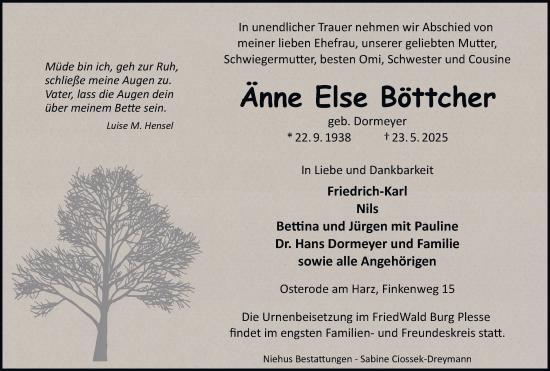 Traueranzeige von Änne Else Böttcher von Harz Kurier
