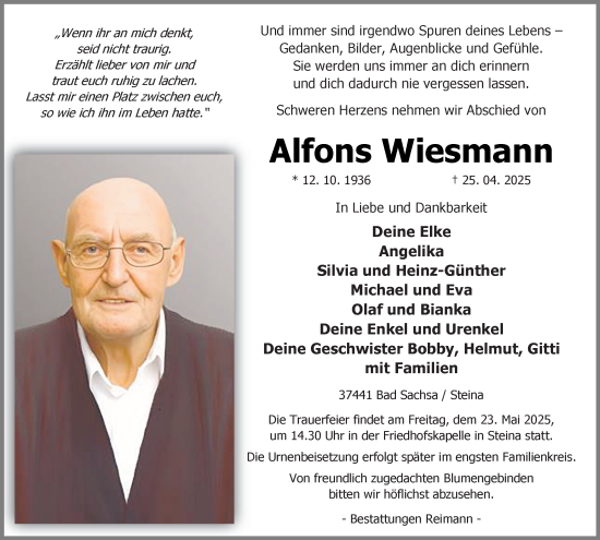Traueranzeige von Alfons Wiesmann von Harz Kurier