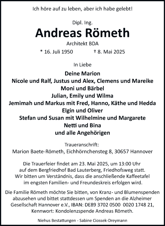 Traueranzeige von Andreas Römeth von Harz Kurier